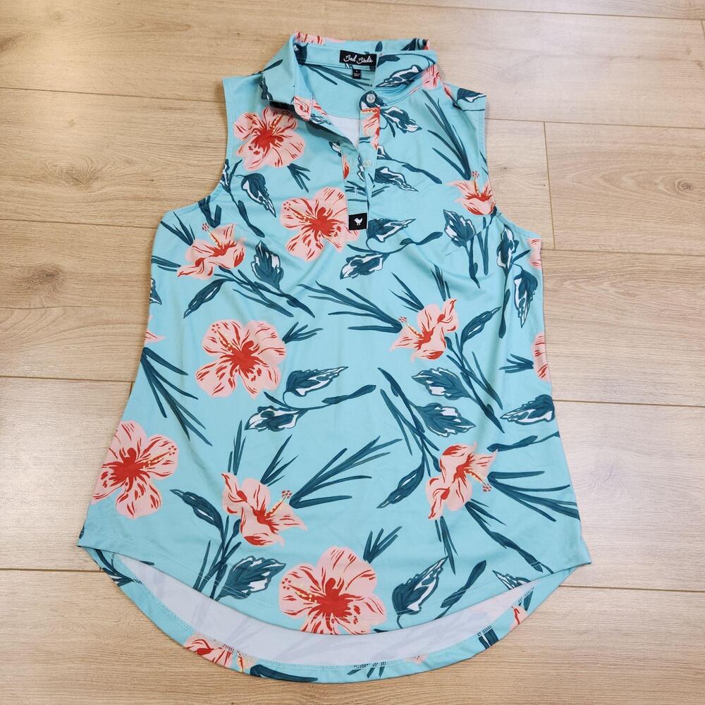 Bad Birdie Polo Shirt Womens Large Blue Sleeveless Floral Golf Top Tropical